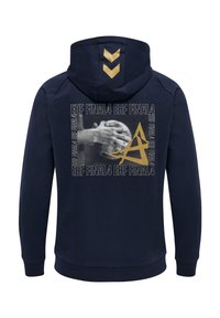 Mörkblå hooded sweatshirt med en gyllen accent som har en grafisk tryck av en hand och texten "EHF FINAL4". Mjukt tyg, standardpassform, ribbade mudd.