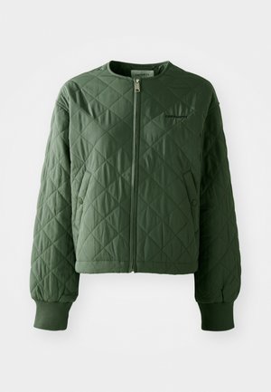 Quilted green jacket with a round neckline. Features a front zipper and two side pockets with snap closures. Ribbed cuffs finish the sleeves.