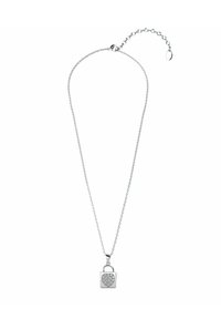 Collana in argento con ciondolo a forma di lucchetto a cuore decorato con strass trasparenti, dotata di una chiusura sicura e lunghezza regolabile.