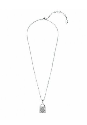 Collana in argento con ciondolo a forma di lucchetto a cuore decorato con strass trasparenti, dotata di una chiusura sicura e lunghezza regolabile.