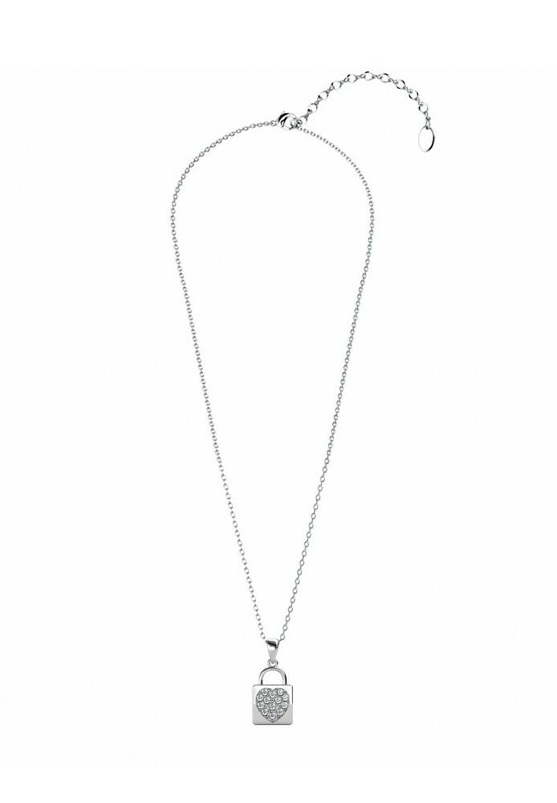 Collana in argento con ciondolo a forma di lucchetto a cuore decorato con strass trasparenti, dotata di una chiusura sicura e lunghezza regolabile.