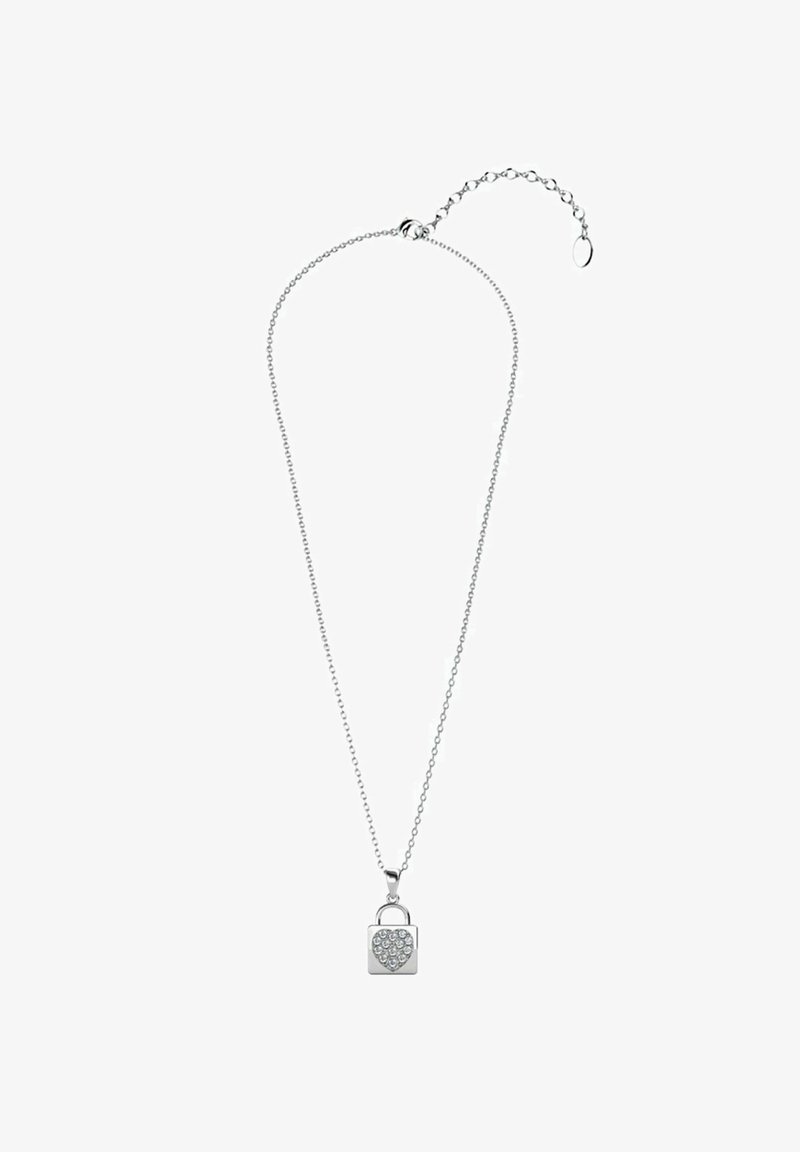 Collana in argento con ciondolo a forma di lucchetto a cuore decorato con strass trasparenti, dotata di una chiusura sicura e lunghezza regolabile.