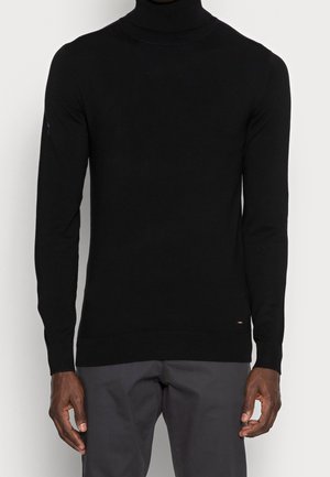 Schwarzer Rollkragenpullover aus einem glatten Strickstoff, mit langen Ärmeln und einer taillierten Form. Gerippte Bündchen und Saum am unteren Ende.