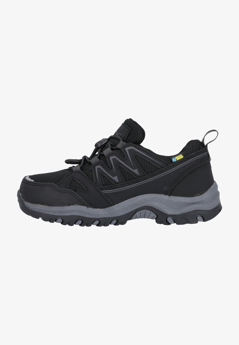 Black athletic shoes with a mesh upper, grey accents, rugged textured sole, and a toggle lacing system for secure fit.