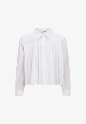 White, long-sleeve shirt with a button-up front, featuring pleated detailing on the front and a classic collar. Soft, lightweight fabric.