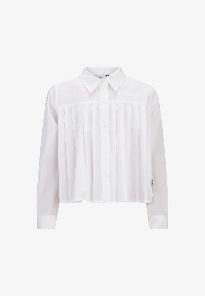 White, long-sleeve shirt with a button-up front, featuring pleated detailing on the front and a classic collar. Soft, lightweight fabric.