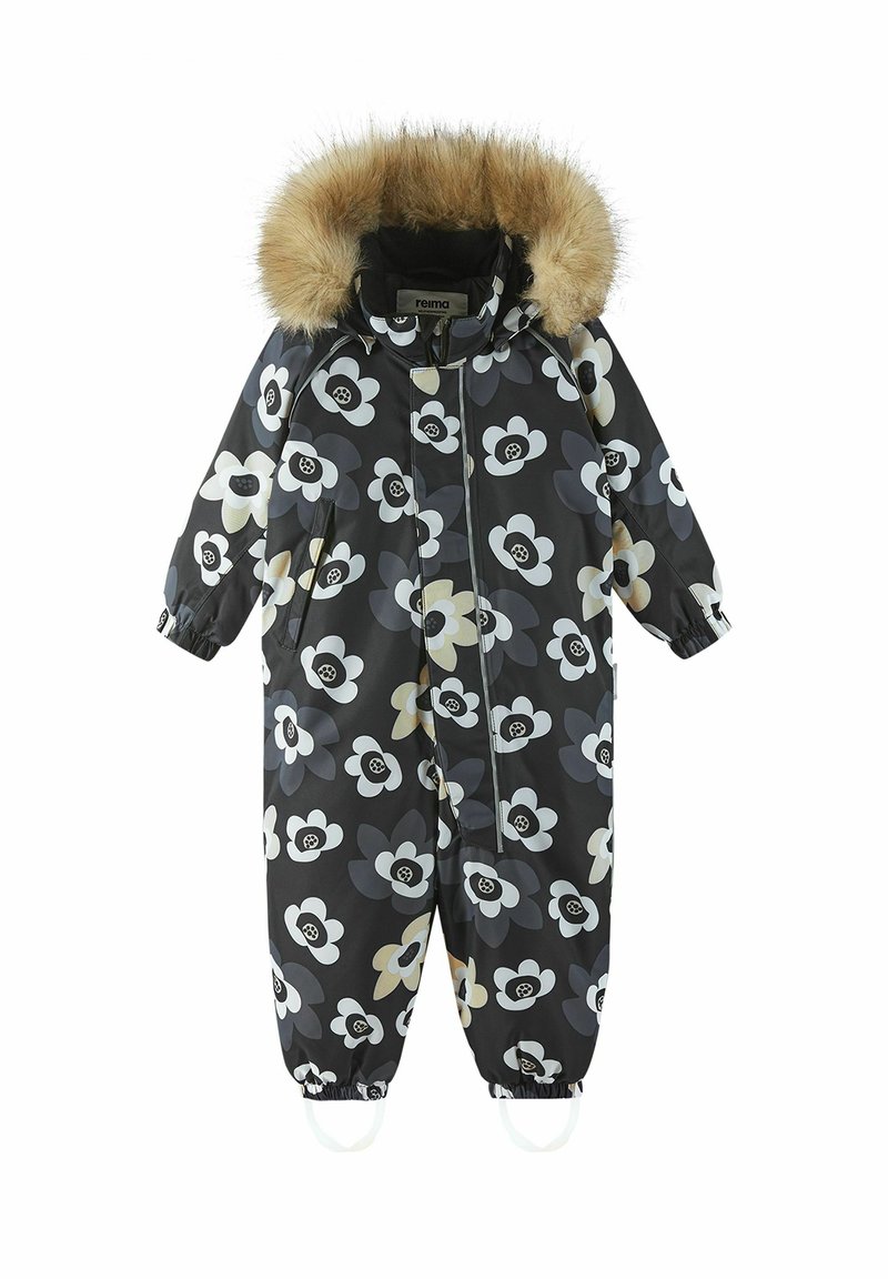 Black floral snow suit with a faux fur-lined hood. Features large white and gray flowers, elastic cuffs, and foot straps for secure fit.