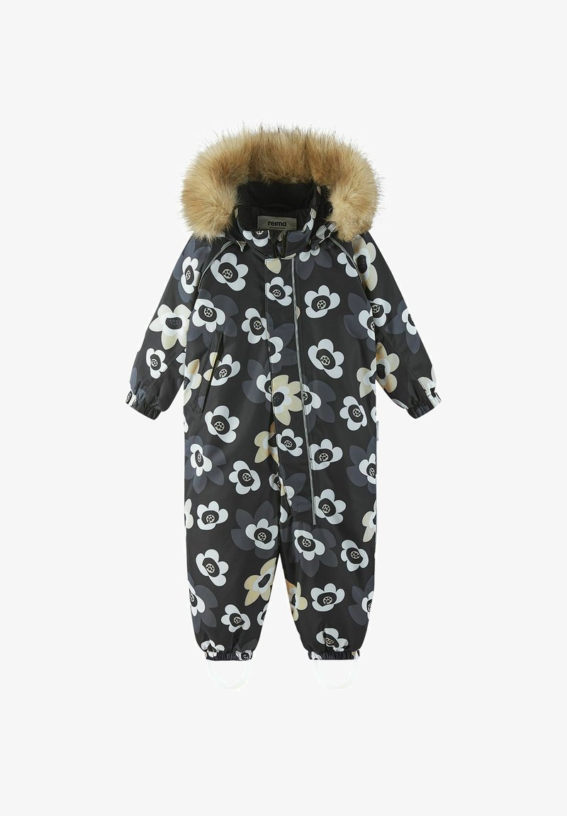 Zwart met bloemen bedekte sneeuwoverall met een faux fur-voering in de capuchon. Heeft grote witte en grijze bloemen, elastische manchetten en voetbanden voor een veilige pasvorm.
