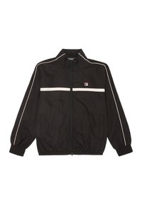 Giacca a vento nera con zip frontale, polsini a costina e strisce bianche in contrasto. Logo Fila sul petto, realizzata in materiale leggero.