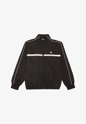 Chaqueta cortavientos negra con cremallera frontal, puños acanalados y rayas de acento blancas. Logo de Fila en el pecho, hecha de material ligero.