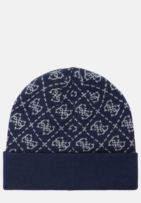 Gorro de punto en color azul marino con un patrón blanco que presenta logotipos y símbolos, acabado texturizado y un dobladillo doblado en la parte inferior.