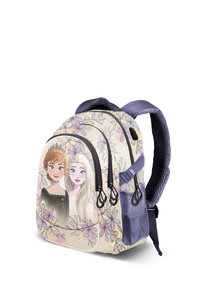 Mochila con un diseño floral y personajes ilustrados en el frente. Hecha de una tela duradera, principalmente crema con acentos en color azul marino.