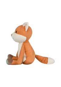 Plush fox toy with orange corduroy body, white and brown accents, sitting posture, soft texture, and a curled tail with a white tip.