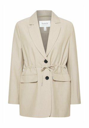 Beige blazer with a tailored fit, featuring a cinched waist, two pockets, a notched collar, and front button closure. Smooth, structured fabric.