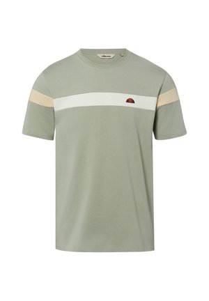 Lichtgroene T-shirt met korte mouwen met beige strepen op de mouwen, een witte horizontale streep over de borst en een klein logo op de linkerborst.