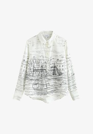 Cămașă albă cu mâneci lungi, având un desen în linii negre cu bărci și clădiri. Guler cu nasturi și material neted, ușor, cu croială lejeră.