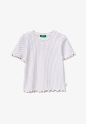 Biały prążkowany top z krótkim rękawem, falbankowymi brzegami i okrągłym dekoltem od United Colors of Benetton.