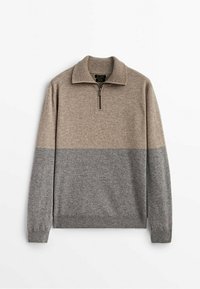 Knit pullover in beige and gray with a quarter-zip collar, ribbed cuffs, and a soft texture, featuring horizontal color-blocking design.