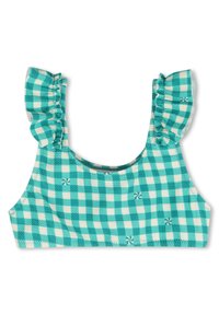 Τιρκουάζ και λευκό καρό bralette με βολάν στους ιμάντες, κατασκευασμένο από απαλό ύφασμα, με διακριτικά σχέδια και απαλή υφή.