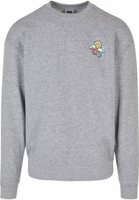 Felpa grigia con maniche lunghe, polsini e colletto a costine. Presenta un logo grafico multicolore sulla parte sinistra del petto. Realizzata in materiale morbido.