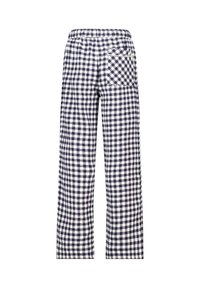 Geruite broek in marineblauw en wit, met een rechte poot, elastische tailleband en een enkele achterzak.