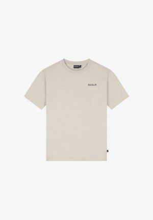 Beige T-shirt van korte mouwen gemaakt van katoen, met een ronde hals en een klein "BALLIN"-logo op de linkerborst, plus een zijlabel vlak bij de zoom.
