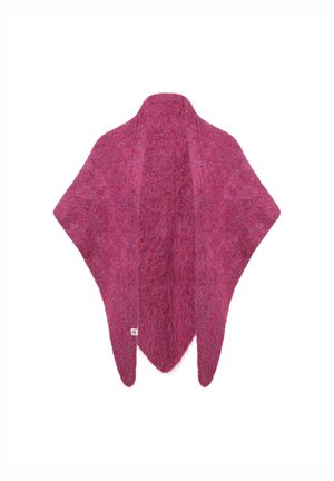 Soft, fuzzy magenta shawl with a textured knit and pointed ends, displayed flat against a white background.