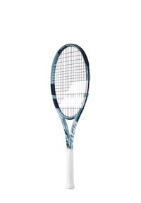 Blauwe en witte tennisracket met een gebogen frame, afgedrukte accenten en een gestructureerde witte grip; heeft een raster van snaren in het hoofd.