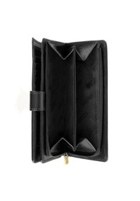 Portefeuille en cuir noir avec une finition texturée, doté de plusieurs emplacements pour cartes, d'un compartiment zippé et d'une fermeture à pression. L'intérieur est doublé d'un motif de logo.