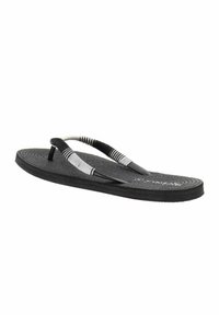 Infradito nere con suola in gomma testurizzata, cinturini curvi con motivi in bianco e nero, e design slim senza hardware aggiuntivo.