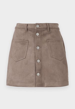 Brown suede mini skirt with a front button closure and two side pockets. Features a fitted shape and simple stitching details.