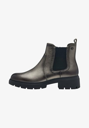 Stivali Chelsea marroni metallici con pannelli laterali elasticizzati, punta rotonda e suola in gomma nera spessa. Parte superiore in pelle texturizzata con linguetta per tirare.