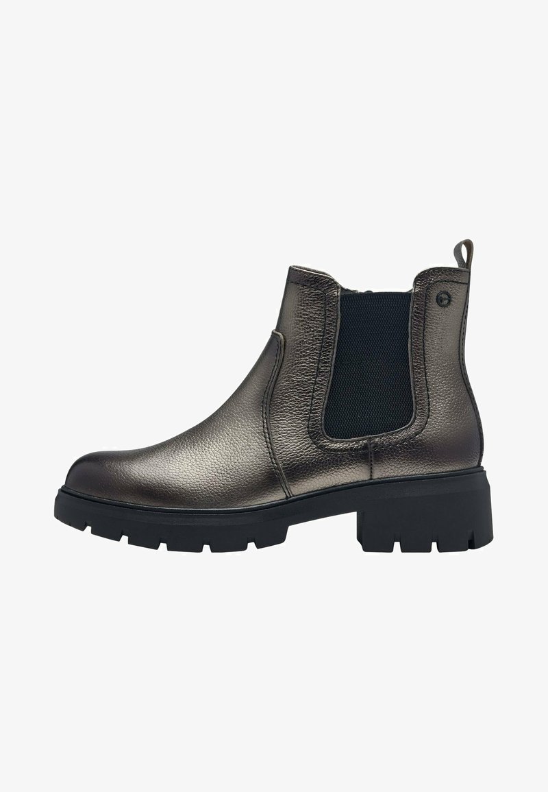 Bottines Chelsea en métal brun avec des panneaux latéraux élastiques, bout rond et semelle en caoutchouc noire épaisse. Tige en cuir texturé avec tirant.