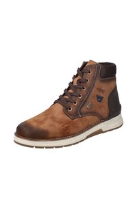 Stivaletti alla caviglia in suede marrone con accenti sintetici marroni, punta rotonda, design con lacci, collo imbottito e suola in gomma bianca.