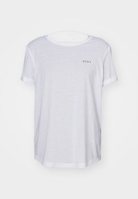 Bílá bavlněná tričko s krátkými ohrnutými rukávy a kulatým výstřihem, na kterém se nachází malé černé logo 'ROXY' v levém horním rohu.