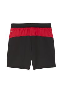 Schwarze Shorts mit einem roten oberen Bereich, aus leichtem Material gefertigt. Verfügt über einen elastischen Bund und flach vernähte Nähte für optimalen Komfort.