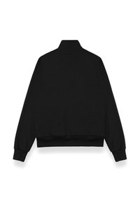 Black sweatshirt with a high collar, long sleeves, and ribbed cuffs and hem. Smooth texture and simple design with no visible logos.