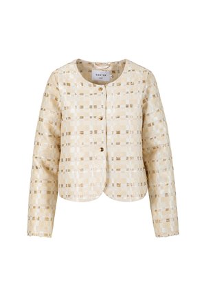 Beige és arany kockás hosszú ujjú dzseki kerek nyakkivágással és két elülső gombbal, Coster márkájú.