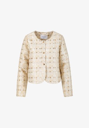 Beige en goudkleurig geruit jack met lange mouwen, ronde halslijn en twee knopen aan de voorkant van het merk Coster.