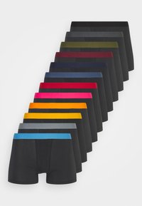 Black boxer briefs arranged in a row, featuring various colored elastic waistbands: red, pink, blue, green, yellow, gray, and black.