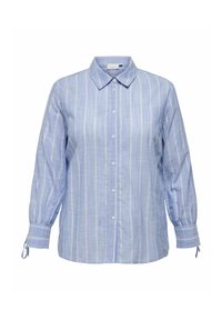 Light blue button-up shirt with vertical white stripes, long sleeves with cuff ties, and a classic collar. Made of soft, lightweight fabric.