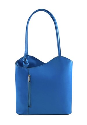Blue leather handbag with a curved top edge, single knotted handle, and small vertical zip pocket on the front.