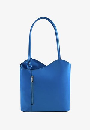 Blue leather handbag with a curved top edge, single knotted handle, and small vertical zip pocket on the front.
