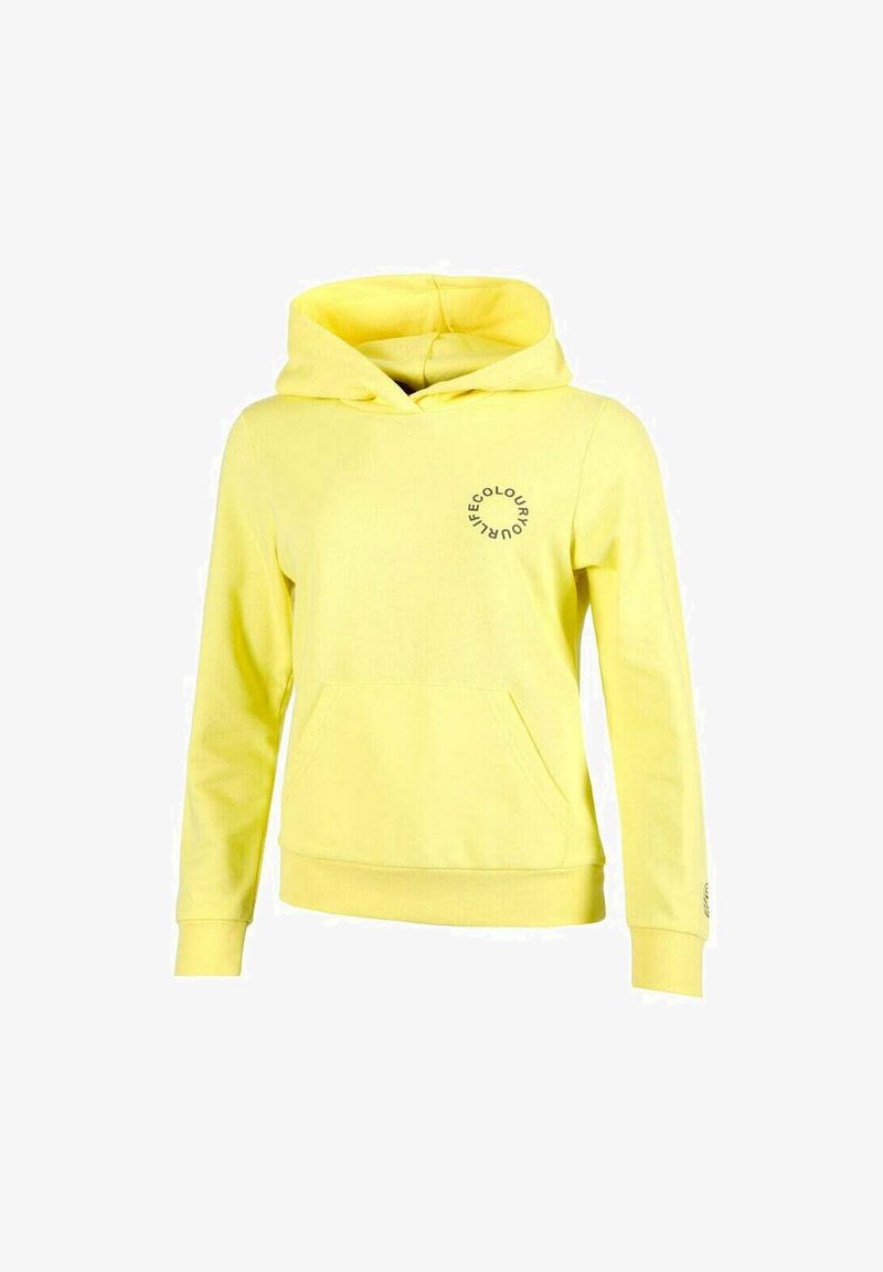 Gelbe Baumwollkapuzenjacke mit einer vorderen Kängurutasche, verstellbarem Kordelzug an der Kapuze und einem runden Logo auf der linken Brust. Glatte Textur.
