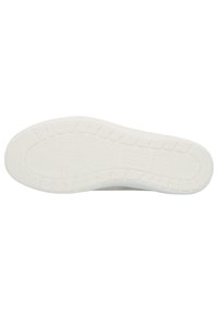 White rubber shoe sole with textured pattern and grooves for traction. Flat design with rounded edges, featuring embossed brand logo.