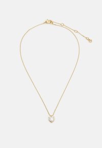 Gold-colored necklace with delicate chain and a heart-shaped pearl pendant, featuring a smooth surface and curved edges.
