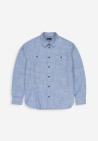 Lange mouw overhemdd met lichtblauwe geruite patroon, gemaakt van gestructureerde stof, met twee borstzakken en zwarte knopen.
