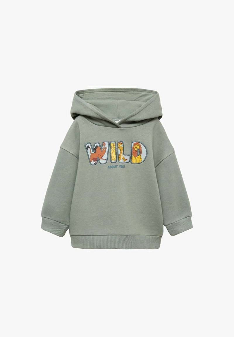 Hoodie vert clair avec une poche kangourou, des poignets côtelés et un imprimé graphique disant « WILD ABOUT YOU » avec des animaux. Texture douce.
