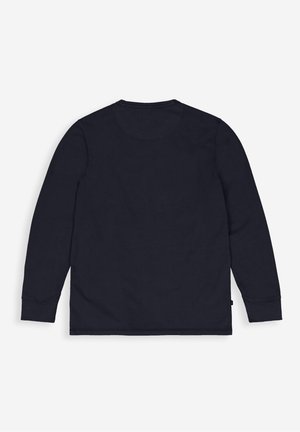 Navy long-sleeve shirt, made of soft fabric. Crew neck with a rounded back yoke. Ribbed cuffs and straight hem detail.