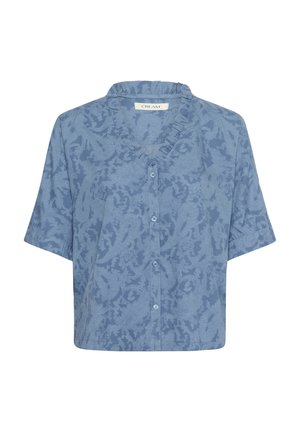 Modrá blúzka s krátkymi rukávmi, volánovým výstrihom a gombíkovým zapínaním. Jemný textúrovaný kvetinový vzor po celom obvode. Hladká látka.